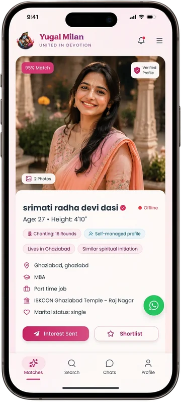Yugal Milan app showing a devotee profile with match score and chat options